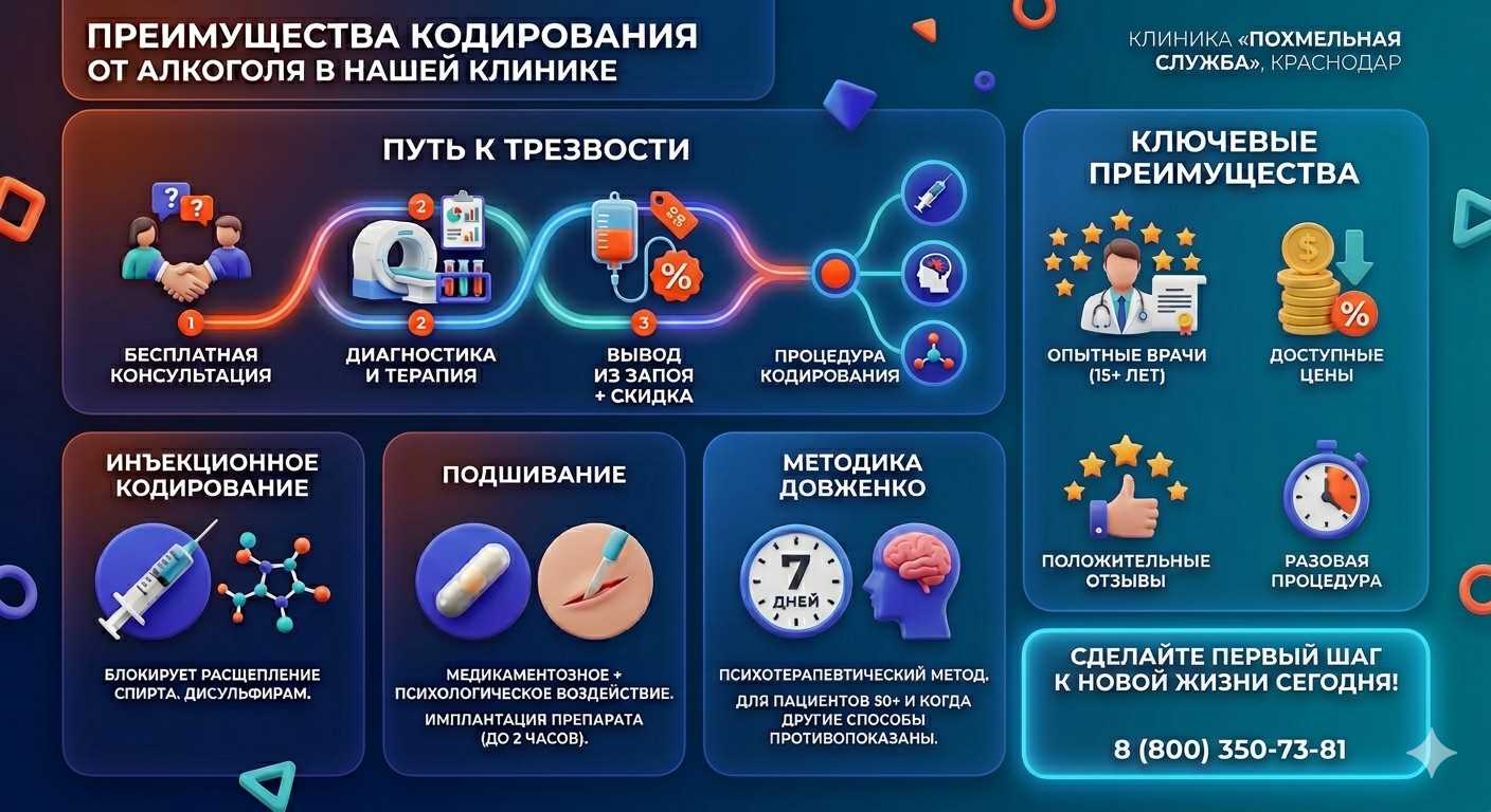 Инфографика о методах кодирования от алкоголя в Боровском: инъекции, подшивание, метод Довженко. Преимущества клиники и этапы лечения.