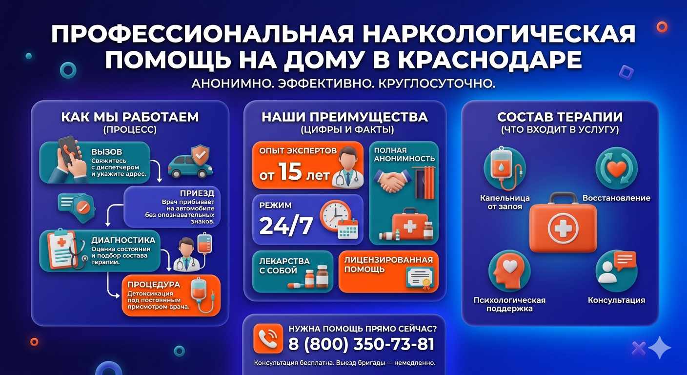 Инфографика о принципах лечения алкоголизма на дому в Боровском: этапы вызова нарколога, преимущества анонимной детоксикации и состав медицинской помощи.